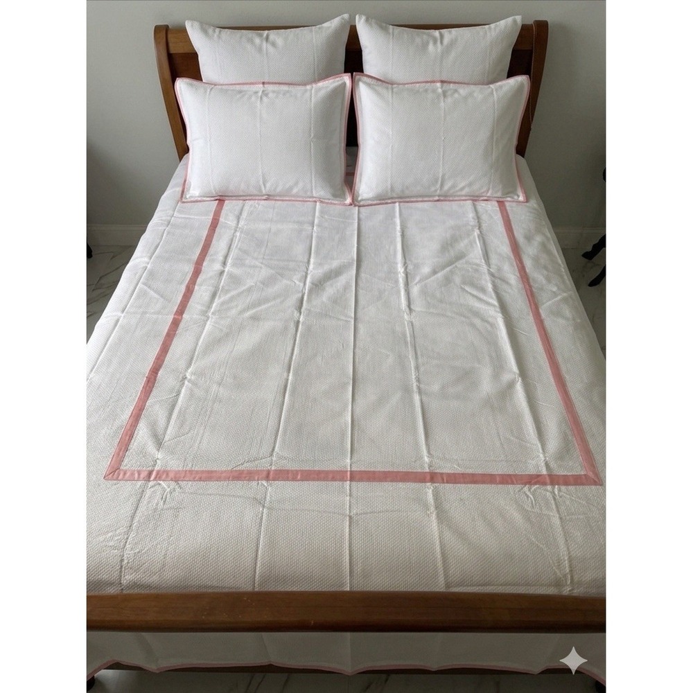 Look Linen Co Twin Banded Duvet Cover White Pink Trim Cotton Portugal Luxury‎